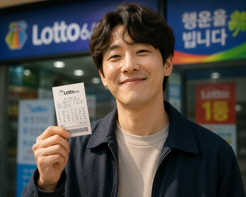 설명: 로또 영수증을 쥔 채 가벼운 마음으로 미소 짓는 사람의 손