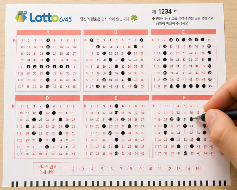 설명: 로또 OMR 카드에 다양한 대칭적 패턴으로 마킹하는 손길
