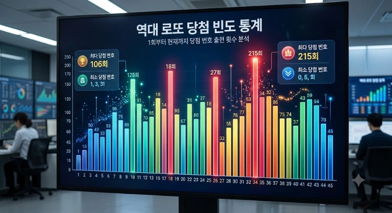 설명: 역대 로또 당첨 빈도를 보여주는 화려한 막대그래프 통계 자료