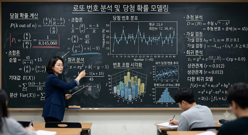설명: 칠판 가득 적힌 복잡한 수학 공식과 통계 그래프