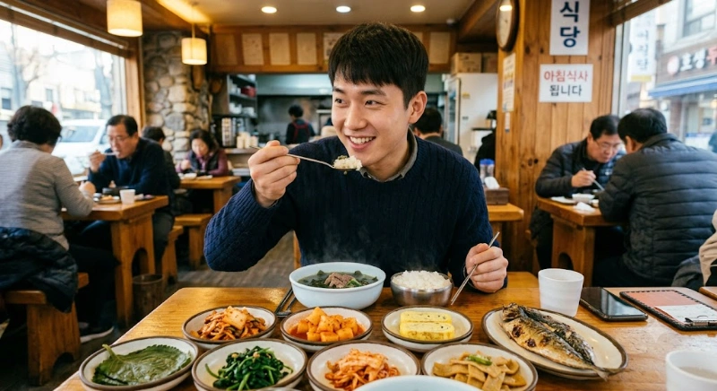 식당에서 따뜻한 한식 아침 식사를 하고 있는 건강한 청년의 모습, 기존에는 학생들이 아침 한 끼를 해결하기 위해 최소 5,000원 이상의 지출을 감수해야 했으나, 본 사업을 통해 단돈 1,000원짜리 지폐 한 장으로 영양 균형을 맞춘 양질의 식사를 제공받을 수 있게 되었습니다. 정부(농림축산식품부)와 지자체, 그리고 각 대학이 나머지 식비 차액을 공동 부담하는 구조 덕분입니다.