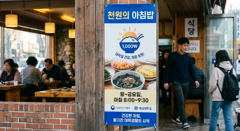 대학 식당 입구에 부착된 '천원의 아침밥' 공식 배너 이미지
