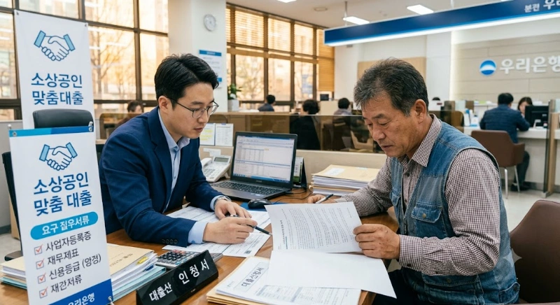 은행에서 대출 상담을 받으며 서류를 검토하는 소상공인의 모습