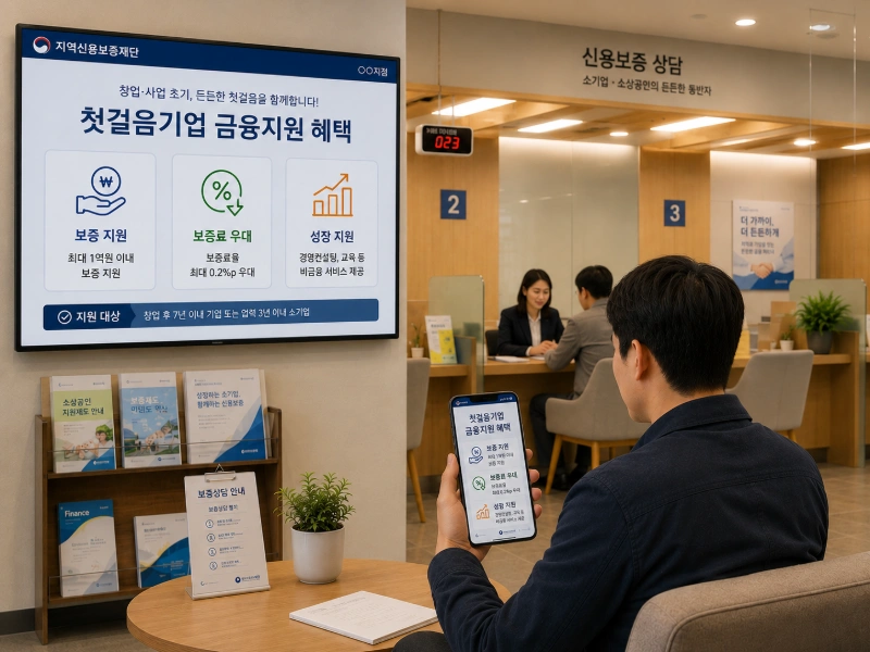 지역신용보증재단 지점 안에서 스마트폰으로 보증 잔액을 보며 상담을 대기하는 모습