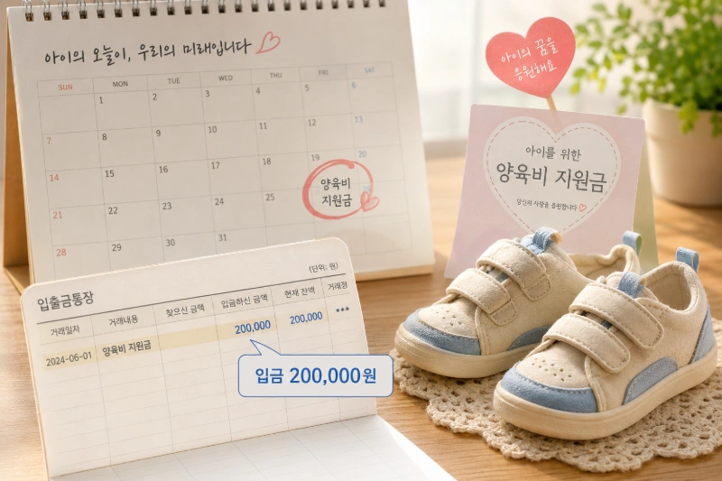달력 위 통장에 20만원 입금된 내역, 아동의 신발이 놓여 있는 양육비 지원금 상징 이미지, 요건을 충족하여 선지급 대상자로 선정되면 다음과 같은 실질적인 혜택이 주어집니다.