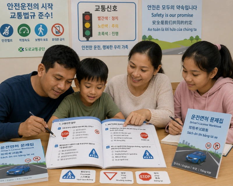 다문화 가족이 한글과 다국어로 구성된 운전면허 문제집을 보며 공부하는 모습