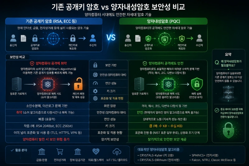 설명: 기존 공개키 암호와 양자내성암호의 보안성 차이 비교도, GPT Image 2 로 생성한 이미지입니다.