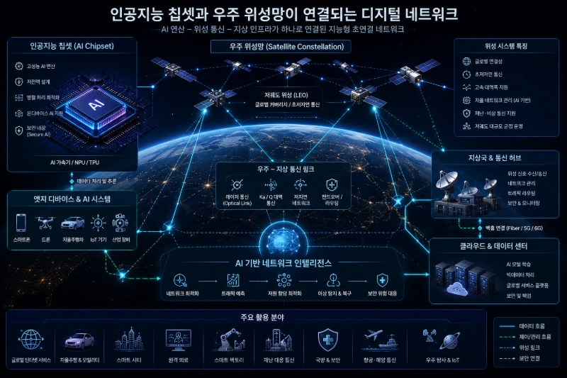 인공지능 칩셋과 우주 위성망이 연결되는 디지털 네트워크 개념도