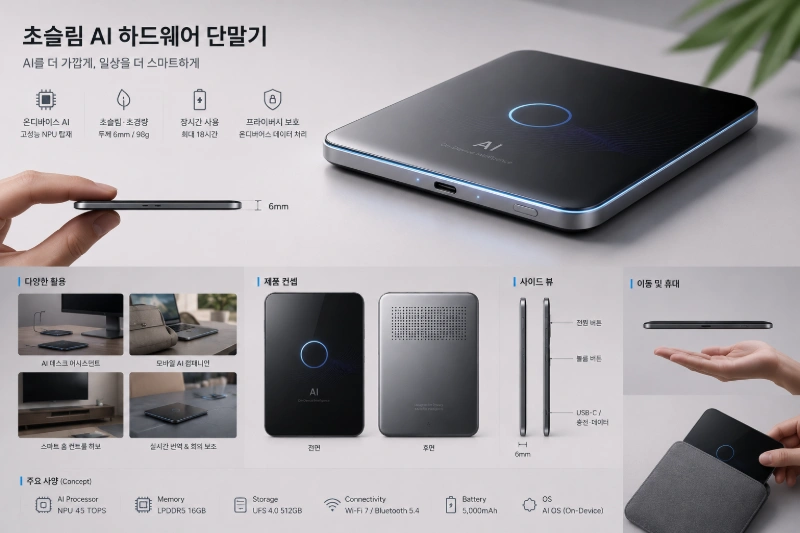 설명: 초슬림 디자인의 AI 하드웨어 단말기 컨셉 일러스트, Nano Banana 2 로 생성한 이미지입니다.