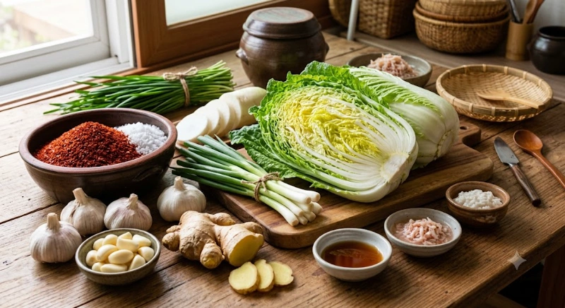 설명: 신선한 배추와 고춧가루, 마늘 등 김치 양념 재료들