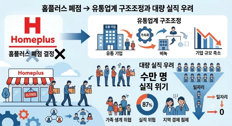 설명: 홈플러스 폐지 결정으로 인한 유통업계 구조조정과 대량 실직 우려를 나타내는 픽토그램, GPT Image 2