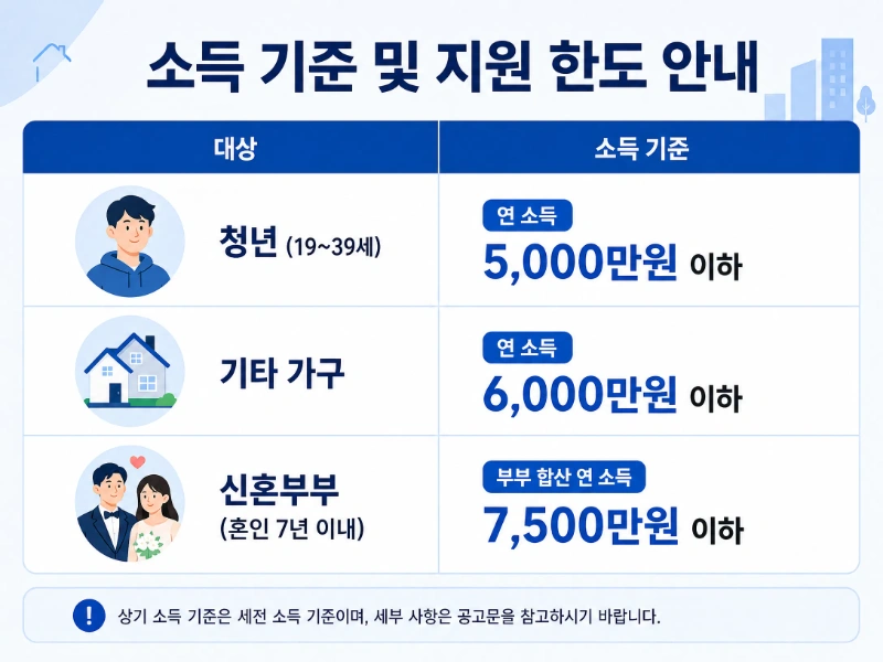 설명: 연소득 기준 및 청년, 신혼부부 맞춤형 전세보증료 지원 자격 안내 차트