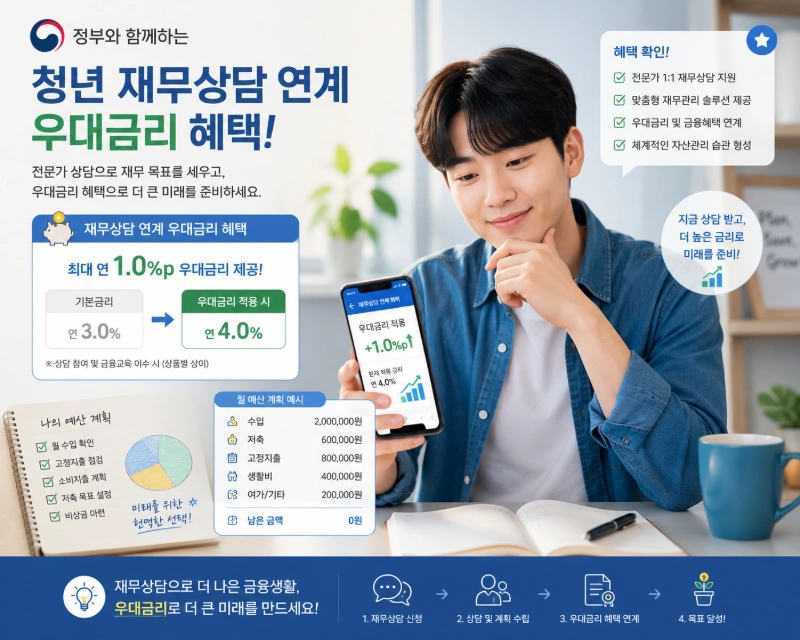 설명: 정부의 청년 재무상담 연계 우대금리 혜택을 확인하며 계획적인 예산 설정을 구상하는 청년
