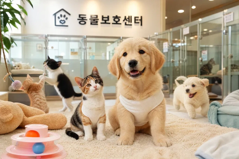 설명: 지정 유기동물 보호센터에서 치료를 마치고 보호받는 강아지와 고양이들