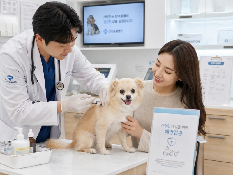 설명: 동물병원에서 건강 검진을 받고 예방접종을 맞고 있는 반려동물