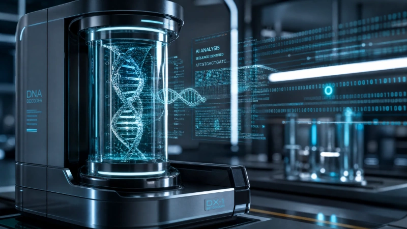 설명: 인공지능 디코딩 기술을 활용하여 액체 튜브 속 DNA 분자에서 데이터를 해독하는 첨단 생명공학 장비