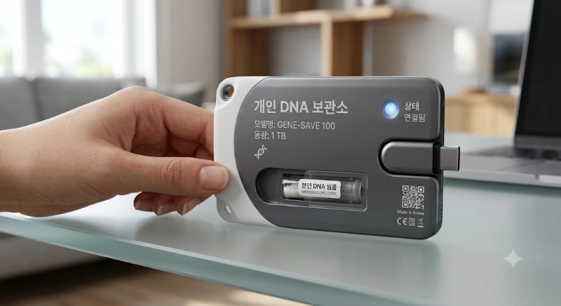 설명: 일반 사용자가 활용할 수 있도록 제작된 신용카드 크기의 컴팩트한 DNA 보관 카트리지 렌더링 이미지